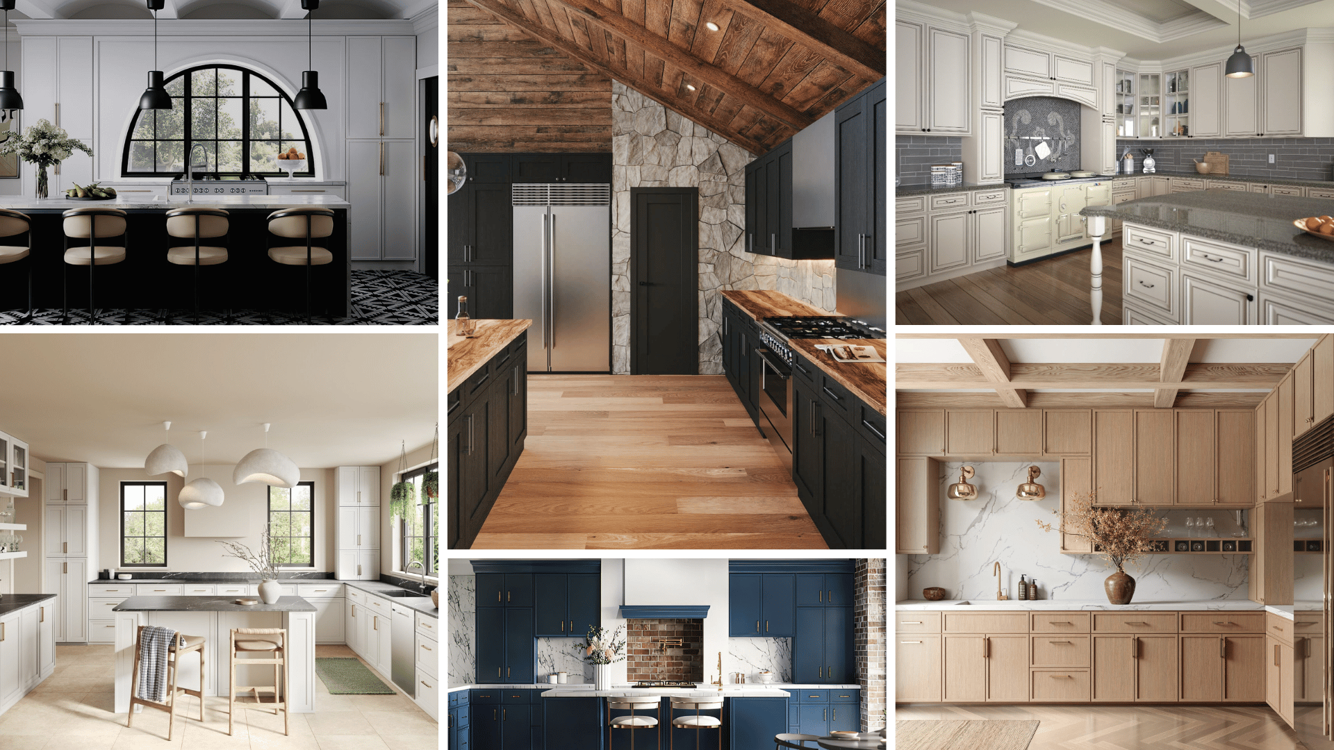 Collage of kitchens featuring white, black, blue, and natural wood cabinetry